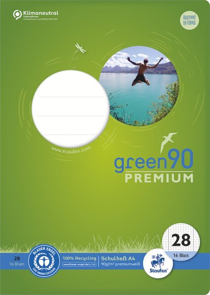 Green Schulheft Lin28, A4, 16 Blatt 90 g/qm, 5 mm, kariert, mit Rand links