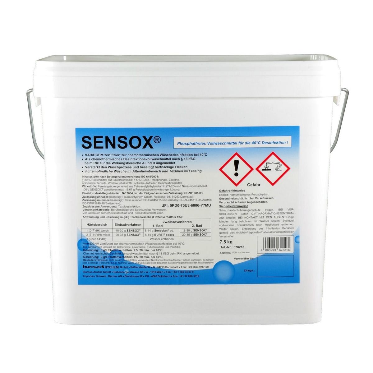 Sensox® | 7,5 kg (Produkt von 12 kg auf 7,5 kg geändert)<br>Desinfektionswaschmittel, bei 40 C° und 20 min Einwirkzeit, VAH-gelistet (RKI angemeldet) <br>+++ BIOZIDPRODUKTE VORSICHTIG VERWENDEN. VOR GEBRAUCH STETS ETIKETT UND PRODUKTINFORMATIONEN LESEN +++