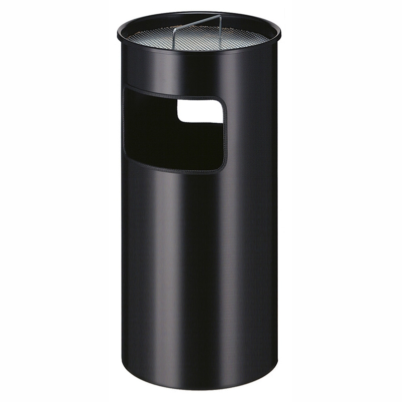 Standaschenbecher mit 50-Liter-Abfallbehälter, Metall, rund, mit Sieb, Inneneimer schwarz Metall | Farbe: schwarz<br>inklusive 2,5 kg Sand, Ø 32 cm, Höhe 69 cm Standaschenbecher mit 50-Liter-Abfallbehälter, Metall, rund, mit Sieb, Inneneimer schwarz Metall | Farbe: schwarz<br>inklusive 2,5 kg Sand, Ø 32 cm, Höhe 69 cm