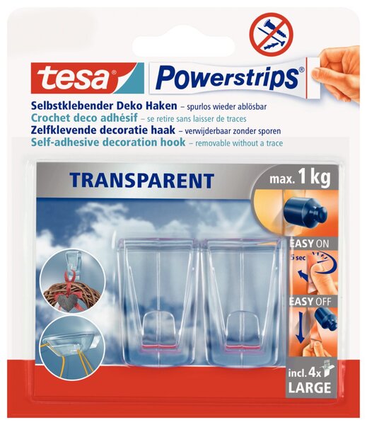TESA Powerstrips DECO-HAKEN XL, Haltekraft: max. 1,0 kg transparent, UV-beständ
