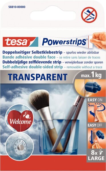 TESA Powerstrips TRANSPARENT, Haltekraft: max. 1,0 kg einfache Montage und rück