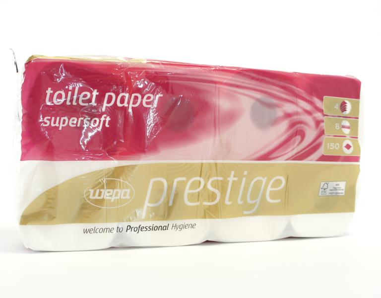 Toilettenpapier 4-lagig, 150 Blatt/Rolle, Zellstoff weiß | 72 Rollen/Sack 1 Sack = 9 Pack á 8 Rollen