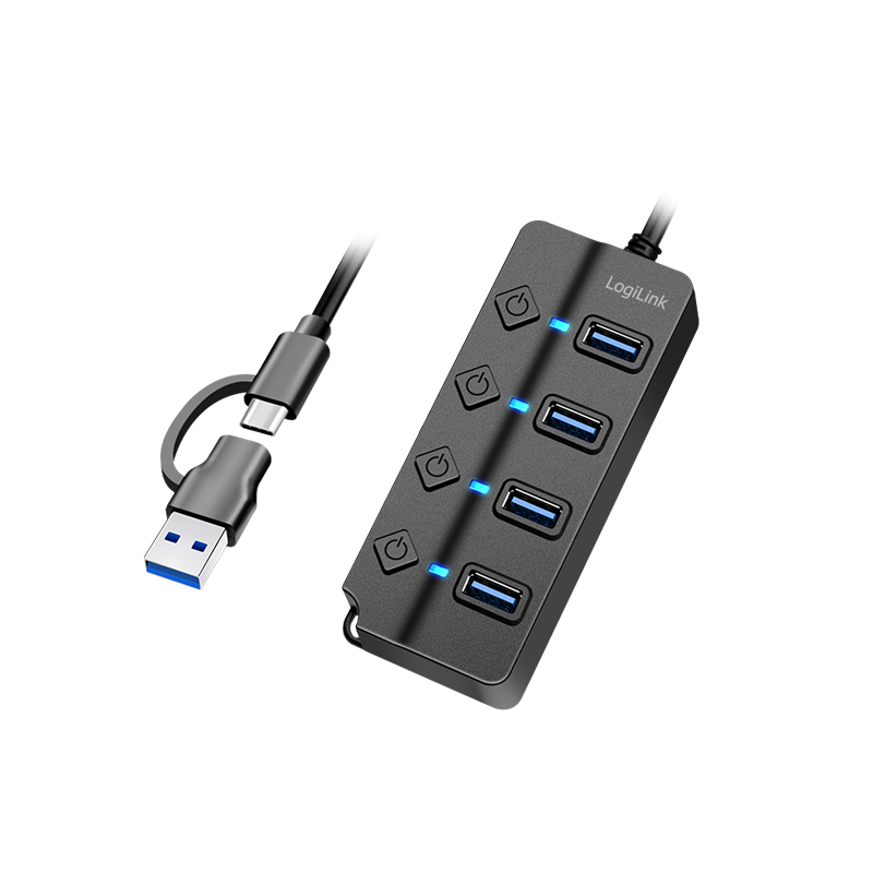 LogiLink USB 3.2 Hub, 4 Port, mit Ein-/Ausschalter, schwarz