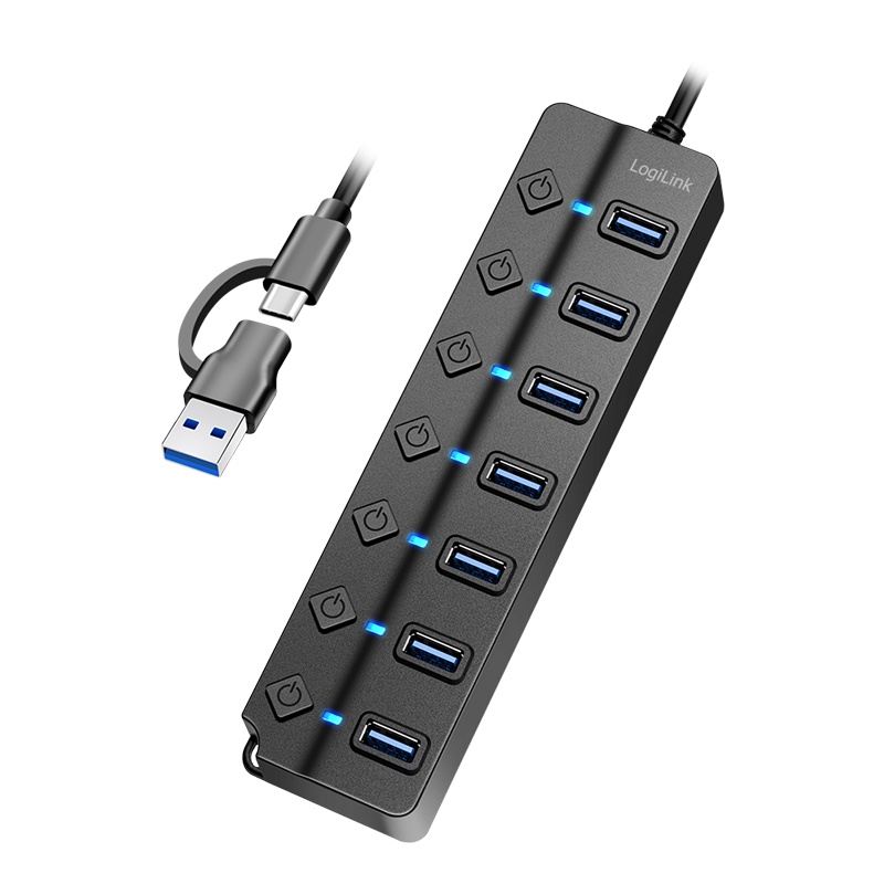 LogiLink USB 3.2 Hub, 7 Port, mit Ein-/Ausschalter, schwarz