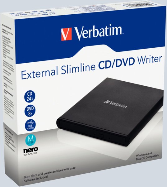 VERBATIM Mobile DVD ReWriter slim extern USB2.0 schwarz, incl. data burning Sof