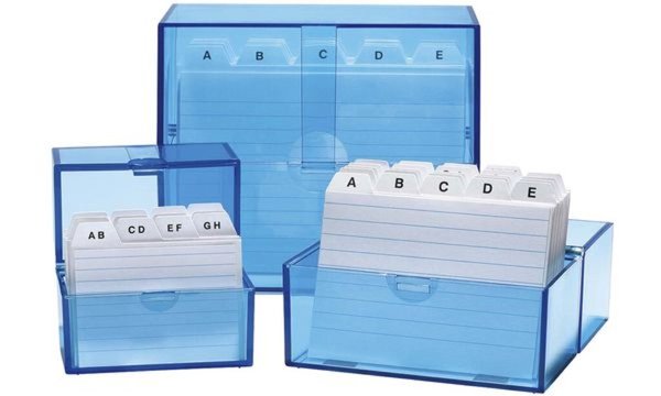 WEDO Karteikasten A7 quer, blau-transparent, bestückt aus Kunststoff, Schnappve