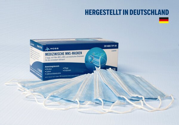Medizinische MNS-Maske, weiß/blau EN EN14683:2019+AC:2019, Typ IIR Medizinische MNS-Maske, weiß/blau EN EN14683:2019+AC:2019, Typ IIR