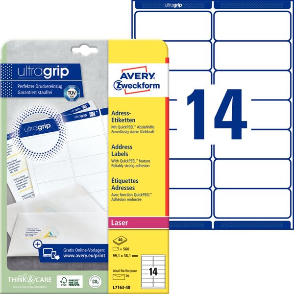 ZWECKFORM AVERY QuickPEEL Adress-Etiketten, 99,1 x 38,1 mm (L7163-40)