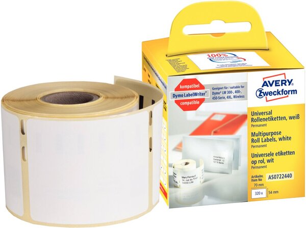 ZWECKFORM AVERY Rollenetiketten, 70 x 54 mm, weiß Universal-Etiketten für DYMO ZWECKFORM AVERY Rollenetiketten, 70 x 54 mm, weiß Universal-Etiketten für DYMO