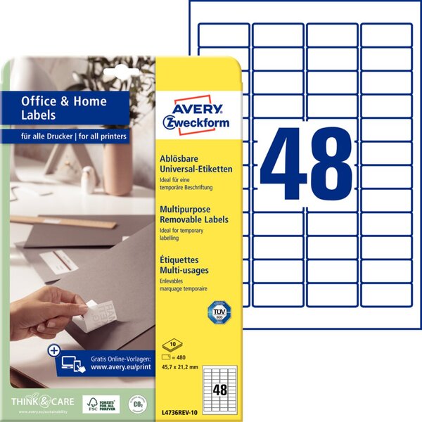 ZWECKFORM AVERY Stick+Lift Etiketten, 45,7 x 21,2 mm, weiß wiederablösbar, mit 
