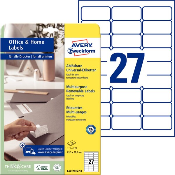 ZWECKFORM AVERY Stick+Lift Etiketten, 63,5 x 29,6 mm, weiß wiederablösbar, mit 