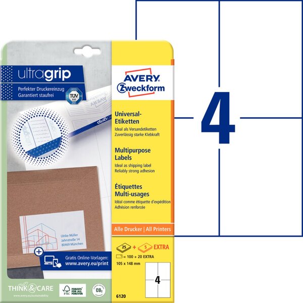 ZWECKFORM AVERY Universal-Etiketten, 105 x 148 mm, weiß ohne Rand, ProNature - 