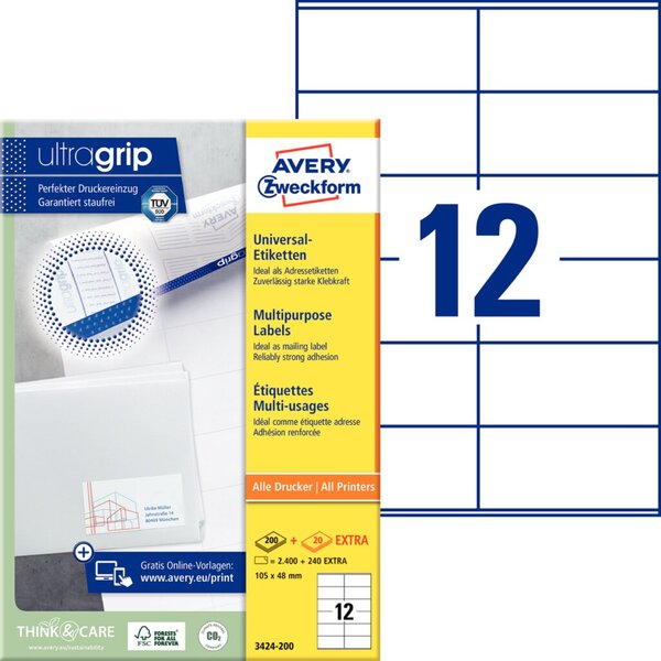 ZWECKFORM AVERY Universal-Etiketten, 105 x 48 mm, weiß Rand an Kopf und Fuß, Pr