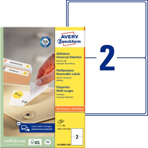 ZWECKFORM AVERY Universal-Etiketten, 199,6 x 143,5 mm, weiß wiederablösbar, mit