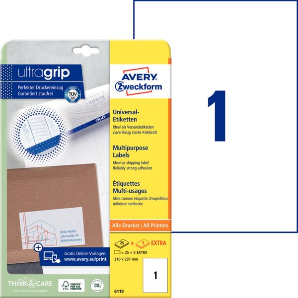 ZWECKFORM AVERY Universal-Etiketten, 210 x 297 mm, weiß ohne Rand, ProNature - 