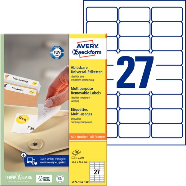 ZWECKFORM AVERY Universal-Etiketten, 63,5 x 29,6 mm, weiß wiederablösbar, mit u