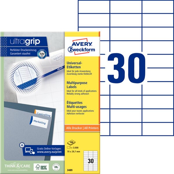 ZWECKFORM AVERY Universal-Etiketten, 70 x 29,7 mm, weiß (3489) ZWECKFORM AVERY Universal-Etiketten, 70 x 29,7 mm, weiß (3489)