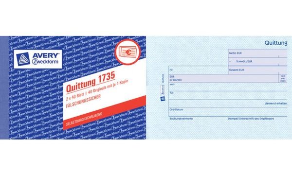 ZWECKFORM AVERY Zweckform Formularbuch "Quittung", A6 quer, 2x50 Blatt 2. Blatt ZWECKFORM AVERY Zweckform Formularbuch "Quittung", A6 quer, 2x50 Blatt 2. Blatt