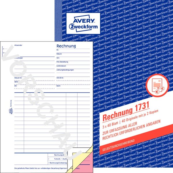 ZWECKFORM AVERY Zweckform Formularbuch "Rechnung", SD, 3 x 40 Blatt - für den M ZWECKFORM AVERY Zweckform Formularbuch "Rechnung", SD, 3 x 40 Blatt - für den M