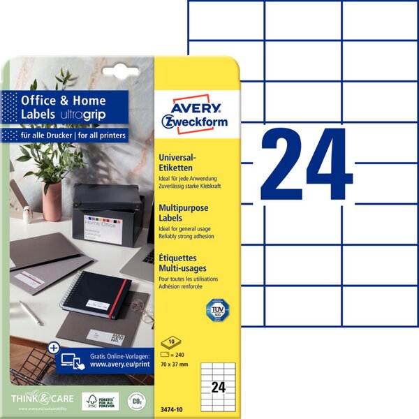 ZWECKFORM AVERY Zweckform Universal-Etiketten, 70 x 37 mm, weiß ohne Rand, FSC ZWECKFORM AVERY Zweckform Universal-Etiketten, 70 x 37 mm, weiß ohne Rand, FSC