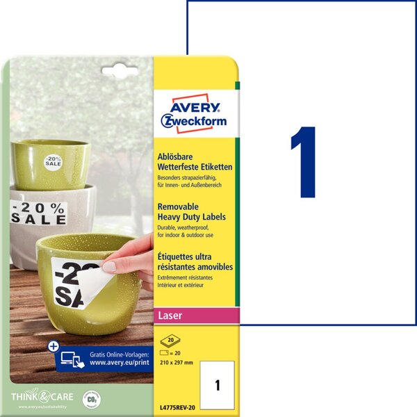 ZWECKFORM AVERY wetterfeste Etiketten, 210 x 297 mm wiederablösbar, strapazierf