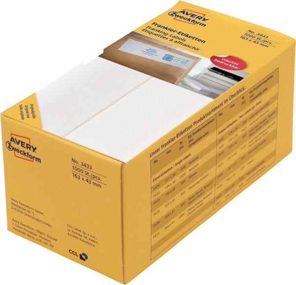 ZWECKFORM Avery 3433 - Frankieretiketten, permanent - weiß - 163 x 43 mm - 1000