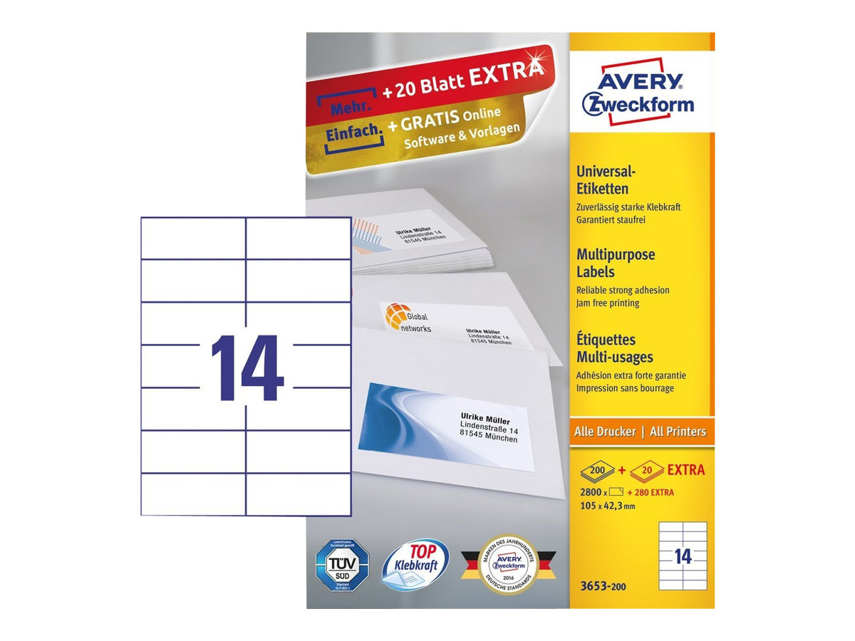 ZWECKFORM Avery 3653 - Permanente, selbstklebende Papieretiketten - weiß - 105 