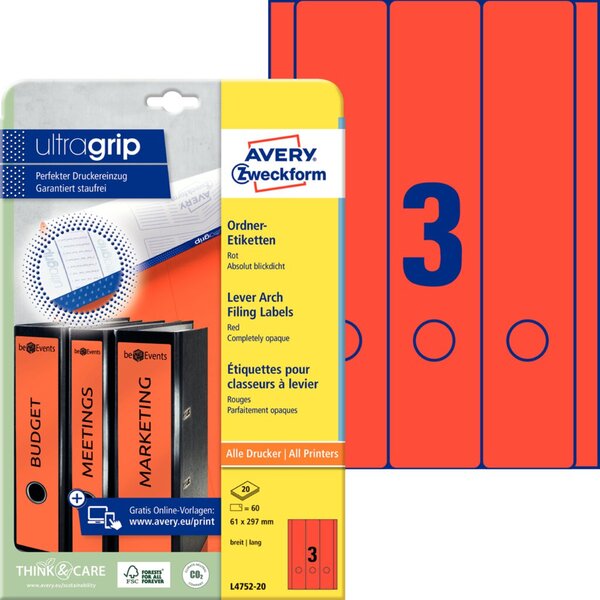 ZWECKFORM Avery L4752 - Aktenetiketten (File Folder Labels) - Rot - 61 x 297 mm