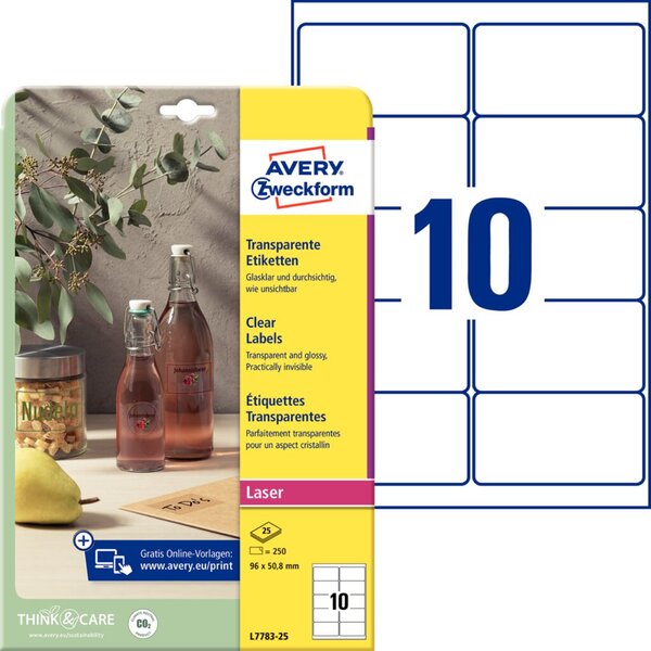 ZWECKFORM Avery Zweckform Kristallklare Etiketten, 96 x 50.8 mm