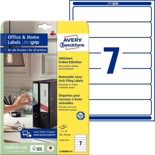 ZWECKFORM Avery Zweckform L4760 - Aktenetiketten - weiß - 38 x 192 mm 70 Etiket