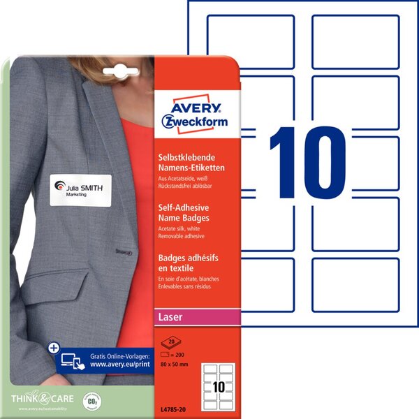 200 AVERY Zweckform Namensetiketten L4785-20 weiß 80,0 x 50,0 mm 200 AVERY Zweckform Namensetiketten L4785-20 weiß 80,0 x 50,0 mm