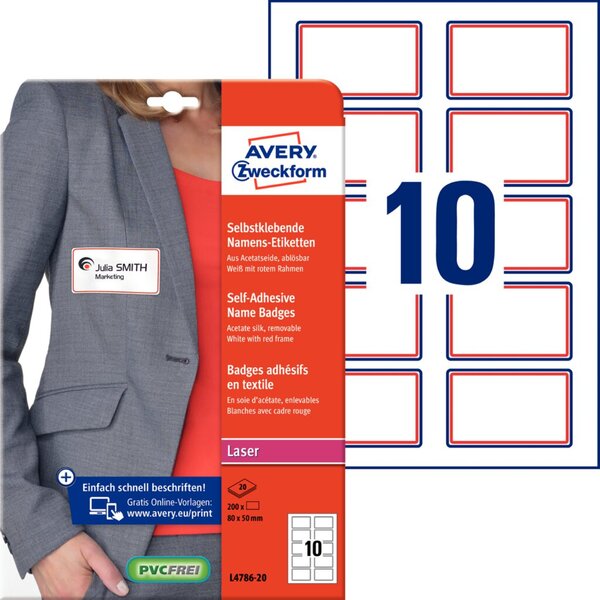 200 AVERY Zweckform Namensetiketten L4786-20 weiß 80,0 x 50,0 mm 200 AVERY Zweckform Namensetiketten L4786-20 weiß 80,0 x 50,0 mm
