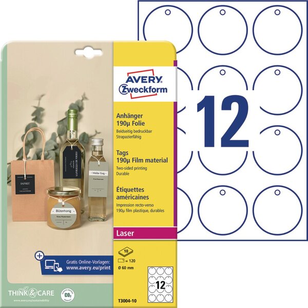 AVERY Zweckform Anhänger, Folie, matt, Durchm.: 60 mm, weiß AVERY Zweckform Anhänger, Folie, matt, Durchm.: 60 mm, weiß