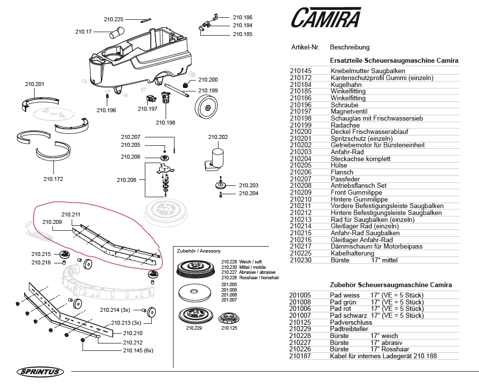 Zubehör/Ersatzteil: Gummilippe vorn für Camira Scheuersaugmaschine | Front 210209 <br>passend für Sprintus Camira (69241)