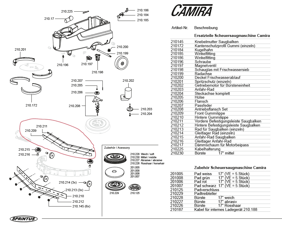 Zubehör/Ersatzteil: Gummilippe vorn für Camira Scheuersaugmaschine | Front 210209 <br>passend für Sprintus Camira (69241) Zubehör/Ersatzteil: Gummilippe vorn für Camira Scheuersaugmaschine | Front 210209 <br>passend für Sprintus Camira (69241)