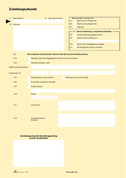 Zustellungsurkunde 2 Seiten, DIN A4, 80 g/m2