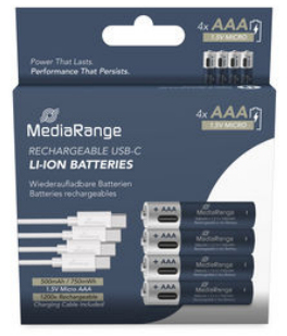 4 MediaRange USB-Akkus mit Ladekabel Mignon AAA 500 mAh