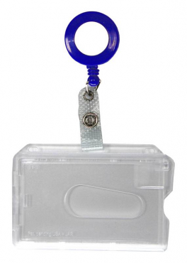 Kartenhalter / Cardholder / Namensschild, passend für 1 Karte, mit Daumenaussparung, mit Ründlöchern und Langloch, aus Polykarbonat, inkl. Jojo Ausweishalter mit Runder Form und Druckknopfschlaufe, Farbe: transparent matt/Blau - 20 Stück