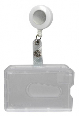 Kartenhalter / Cardholder / Namensschild, passend für 1 Karte, mit Daumenaussparung, mit Ründlöchern und Langloch, aus Polykarbonat, inkl. Jojo Ausweishalter mit Runder Form und Druckknopfschlaufe, Farbe: transparent matt/weiss- 20 Stück