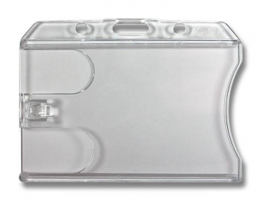 Kartenhalter / Cardholder / Namensschild, passend für 2 Karte, mit Daumenaussparung, mit Ründlöchern und Langloch, aus Polycarbonat, Farbe: transparent glasklar - 10 Stück