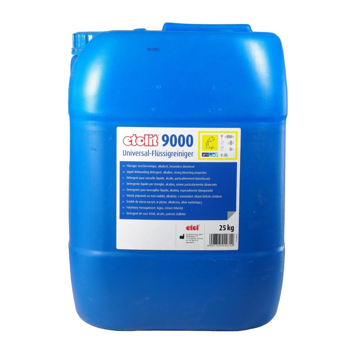 etolit 9000 | 25 kg flüssiger Geschirrreiniger für gewerbliche Geschirrspülmaschinen, sehr hochalkalisch, stärkelösend, bleichend, geeignet für alle Wasserhärten