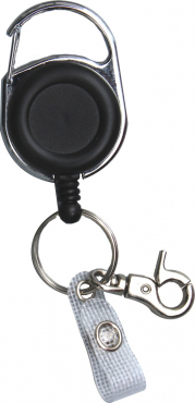 Jojo Ausweishalter multi aus schwarzem Kunststoff mit Karabinerhaken und Lasche mit Drahtseil