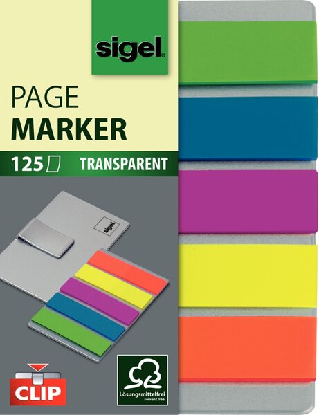 sigel Haftmarker Film mini mit Clip, 50 x 12 mm, 125 Blatt auf Karte mit Klemmf