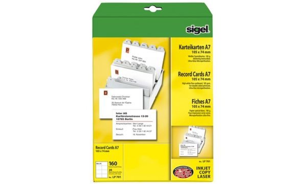 sigel PC-Karteikarten, A7 (A4), wei ß, 185 g/qm, MP (8200867)