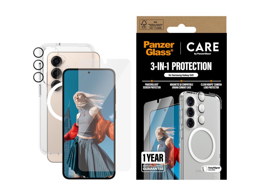 Image PANZERGLASS CARE Flagship 3-in-1 Hülle + Schutzglas Set Samsung Galaxy S25 Tran