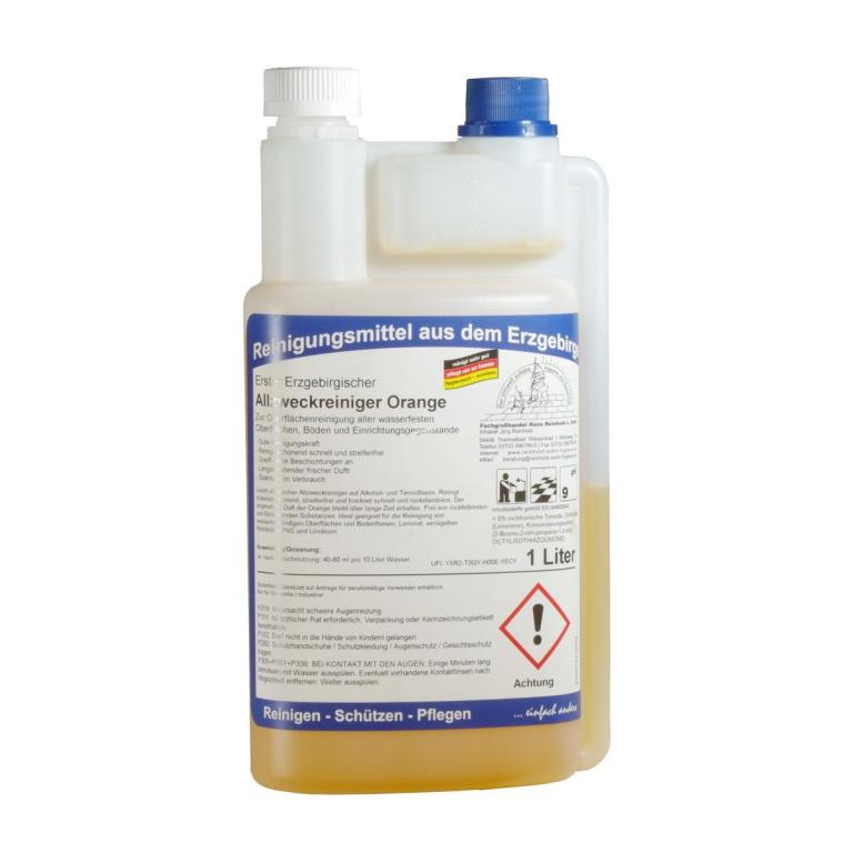 Image Erster Erzgebirgischer Allzweckreiniger Orange | 1 Liter Dosierflasche für alle wasserfesten Oberflächen, Böden und Einrichtungsgegenstände
