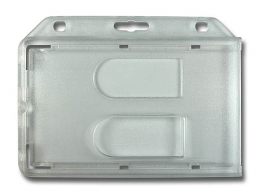 Image Kartenhalter / Cardholder / Namensschild, passend für 2 Karte, mit Daumenaussparung, mit Ründlöchern und Langloch, aus Polycarbonat, Farbe: transparent matt - 100 Stück