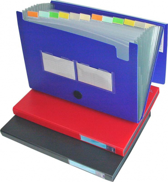 Image EXXO by HFP Fächertasche / Aktentasche / Sammeltasche, passend für A4 Unterlagen, 12 Fächer, aus PP, dehnbare Fächer, mit Klarsicht-Taben, Klettverschluss und Namensschildtaschen, Farbe: blau – 1 Stück