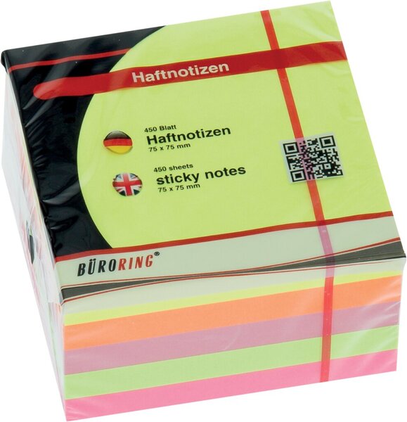 Image Büroring Haftnotiz Würfel FSC 75x75mm neon, 450 Blatt