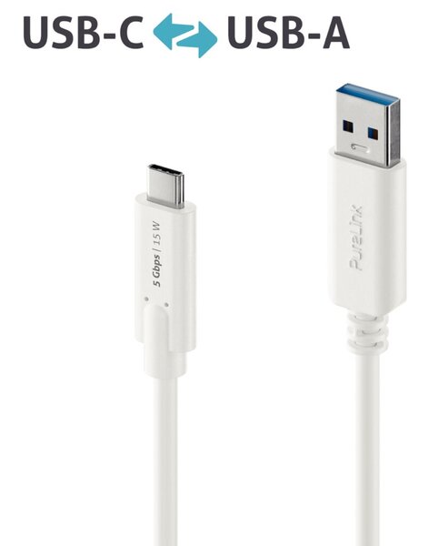 Image USB-C-Kabel auf USB-A, 3.1, Gen 1, weiß, 0,50 m, iSerie,